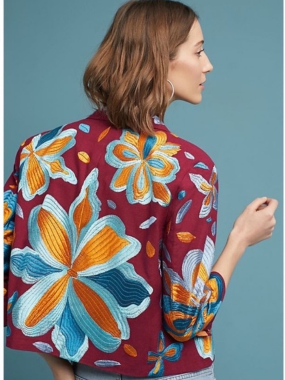 Anthropologie Maroon Floral Embroidered Blazer with Blue and Yellow Accents - Picture 2 of 7